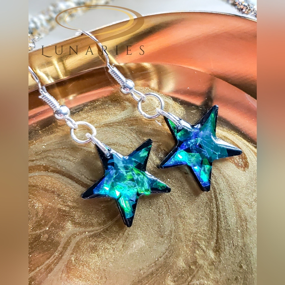 Holographic Color-Shifting Resin Star Earrings, Handmade